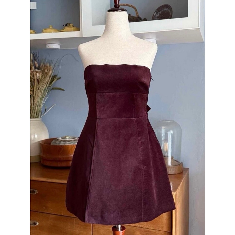 Poshmark ZARA Velvet Bow Mini Dress Burgundy Maroon Strapless Size S in Brown - Picture 2 of 4